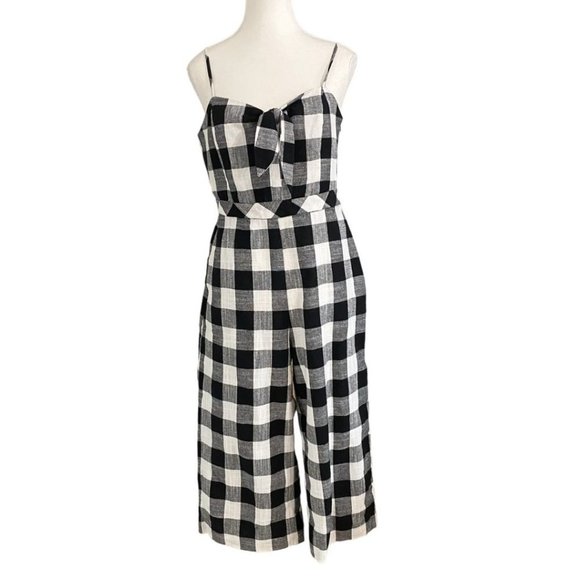FOREST LILY BLACK WHITE GINGHAM LINEN BLEND TIE FRONT CROPPED WIDE LEG JUMPSUIT - Picture 2 of 10